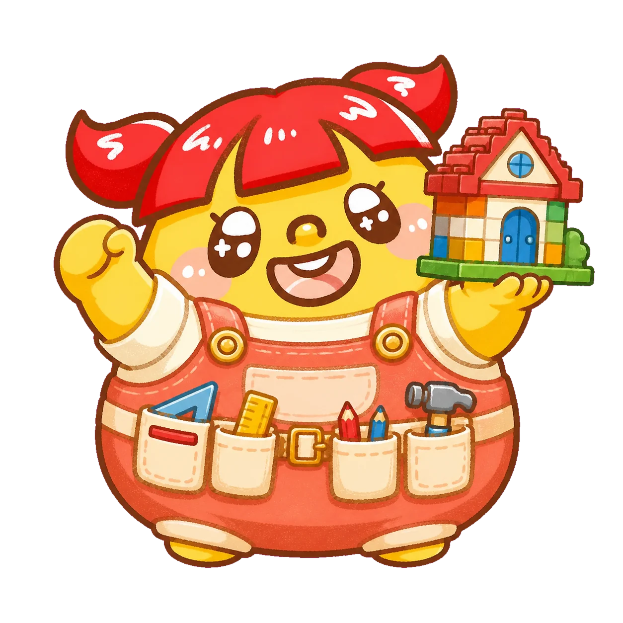 胖嘟嘟的小布穿著建築師工作服，展示積木小屋